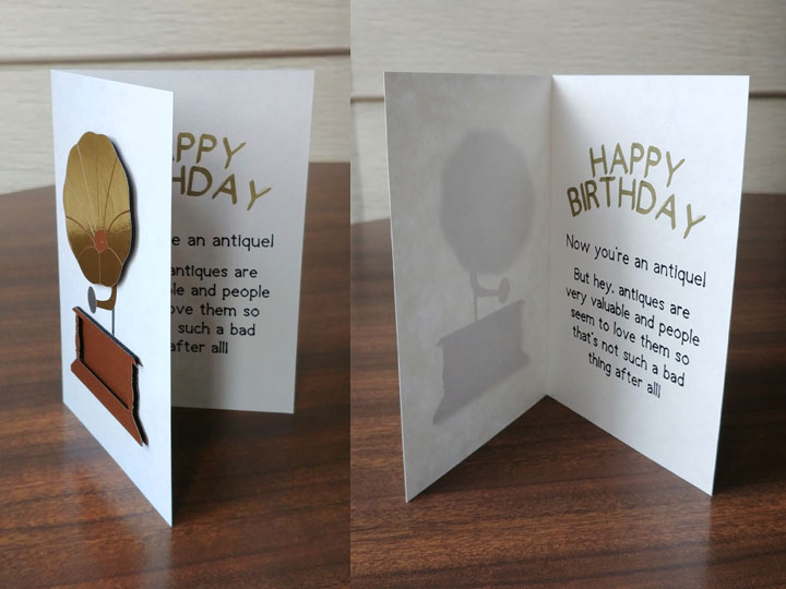 Finished antique gramophone card with a cheeky birthday messsage!