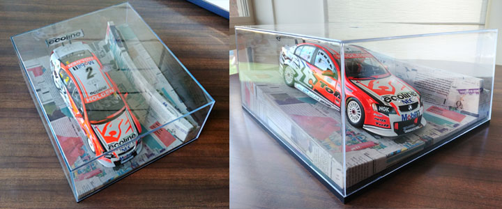 Test fit to make sure the model V8 Supercar fits in the display case